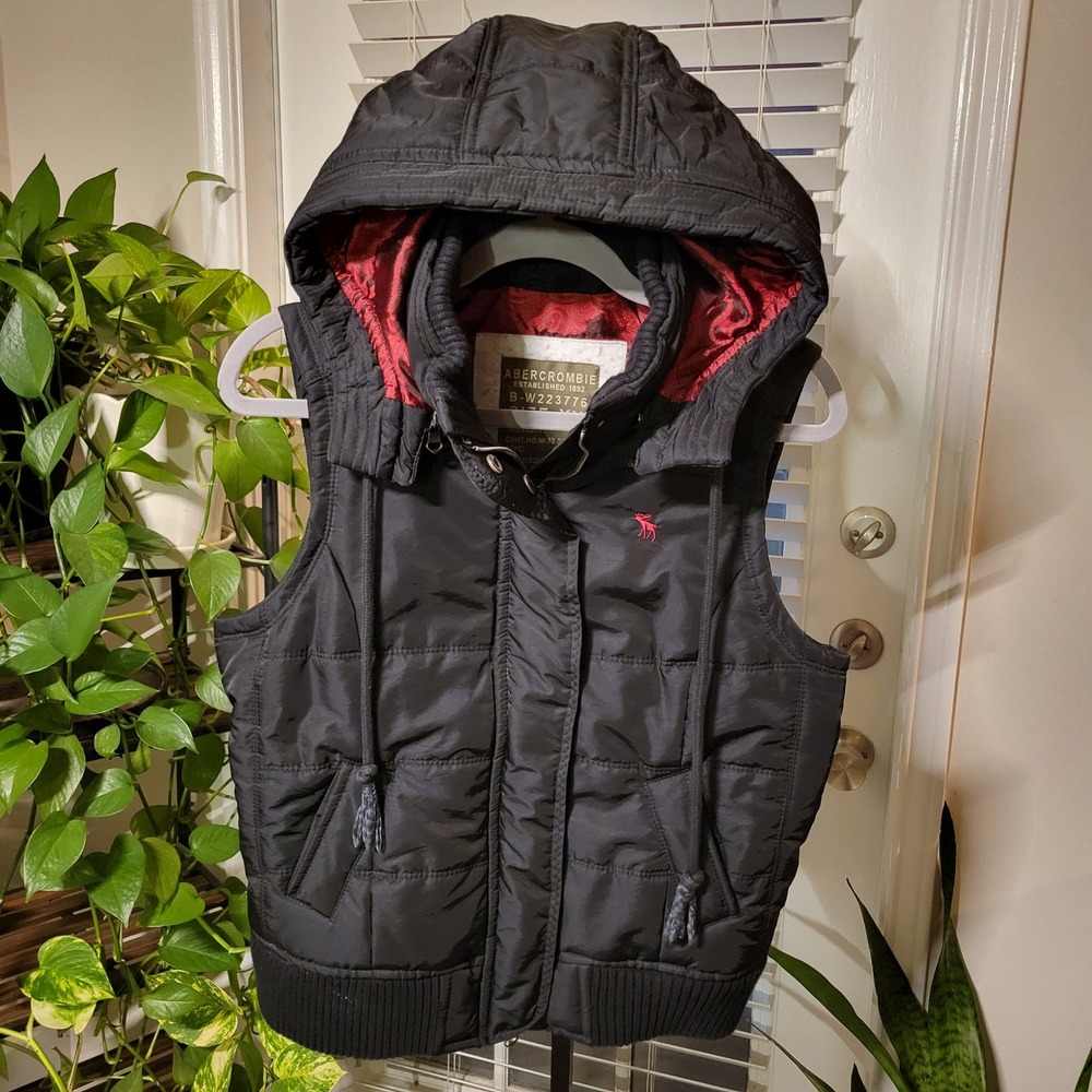 Abercrombie & Fitch Black Hooded Puffer Vest Paisley Lining XXL ITALY RARE Y2K
